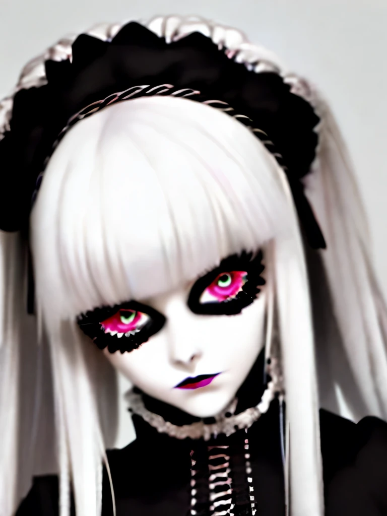 a close up of a woman with long white hair and black gloves, pale goth beauty, goth girl aesthetic, goth aesthetic, goth makeup, gothic aesthetic, gothic makeup, perfect white haired girl, intense white hair, killstar, gothic eyeliner, cruel korean goth girl, wearing goth makeup, goth asthetics, gothic horror vibes, with long white hair