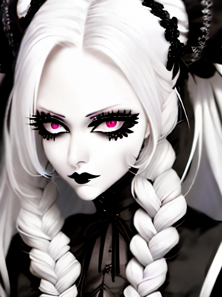 a close up of a woman with long white hair and black gloves, pale goth beauty, goth girl aesthetic, goth aesthetic, goth makeup, gothic aesthetic, gothic makeup, perfect white haired girl, intense white hair, killstar, gothic eyeliner, cruel korean goth girl, wearing goth makeup, goth asthetics, gothic horror vibes, with long white hair