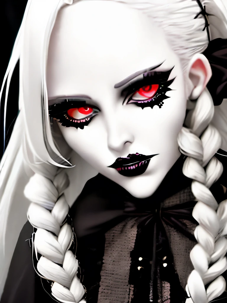 a close up of a woman with long white hair and black gloves, pale goth beauty, goth girl aesthetic, goth aesthetic, goth makeup, gothic aesthetic, gothic makeup, perfect white haired girl, intense white hair, killstar, gothic eyeliner, cruel korean goth girl, wearing goth makeup, goth asthetics, gothic horror vibes, with long white hair