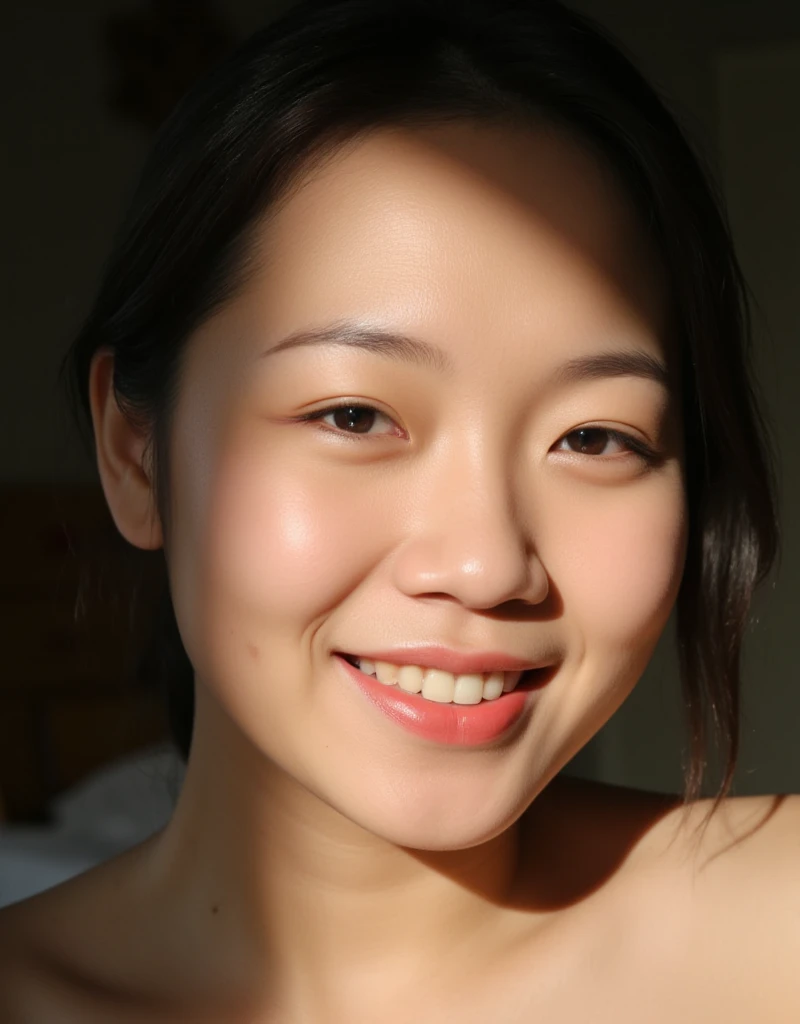 Beautiful East Asian woman smiling happily  ,   focuses on faces,   Please show your face with highly detailed skin ,  soft lighting  , Half Dark,