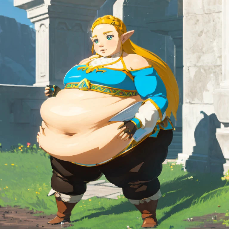 best quality, high rating, correct anatomy, uhd, high resolution, (hyper detailed), flawless, detailed, c.cu(artist), blushyspicy(artist), spellsx(artist), kipteitei(artist),(Perfect Face), 
(Zelda((Brearh_of_the_Wild))), 1girl, long hair,blonde hair, braids in hair ,earrings, elf ears, blue eyes,blue tunic over white undershirt, blue tunic with golden accents, leather gloves, black tights, leather boots, ((belly in blue tunic, covered shoulders and arms, exposed belly)),


1girl, cute face, horny, embarrassed, detailed eyes,

enormous belly, fat belly, thicc, bigger belly, really big belly, jiggly belly, giant huge belly, big enormous belly, ((((gigantic belly)))), bloated belly, fat belly, ginormous big belly, expanding big belly, ((holding her bbelly with her hands)), deep navel:1.4, navel outline, sitting on the ground, immoble, spread legs, obese belly between legs, botw style, (((covered shoulders:1.4)))