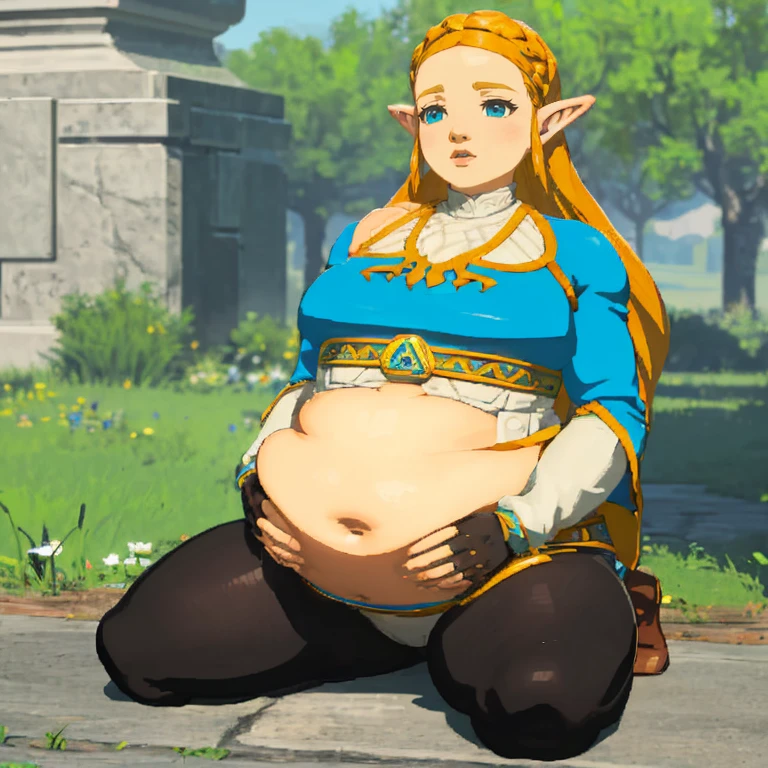 best quality, high rating, correct anatomy, uhd, high resolution, (hyper detailed), flawless, detailed, c.cu(artist), blushyspicy(artist), spellsx(artist), kipteitei(artist),(Perfect Face), 
(Zelda((Brearh_of_the_Wild))), 1girl, long hair,blonde hair, braids in hair ,earrings, elf ears, blue eyes,blue tunic over white undershirt, blue tunic with golden accents, leather gloves, black tights, leather boots, ((belly in blue tunic, covered shoulders and arms, exposed belly)),


1girl, cute face, horny, embarrassed, detailed eyes,

enormous belly, fat belly, thicc, bigger belly, really big belly, jiggly belly, giant huge belly, big enormous belly, ((((gigantic belly)))), bloated belly, fat belly, ginormous big belly, expanding big belly, ((holding her bbelly with her hands)), deep navel:1.4, navel outline, sitting on the ground, immoble, spread legs, obese belly between legs, botw style, (((covered shoulders:1.4)))