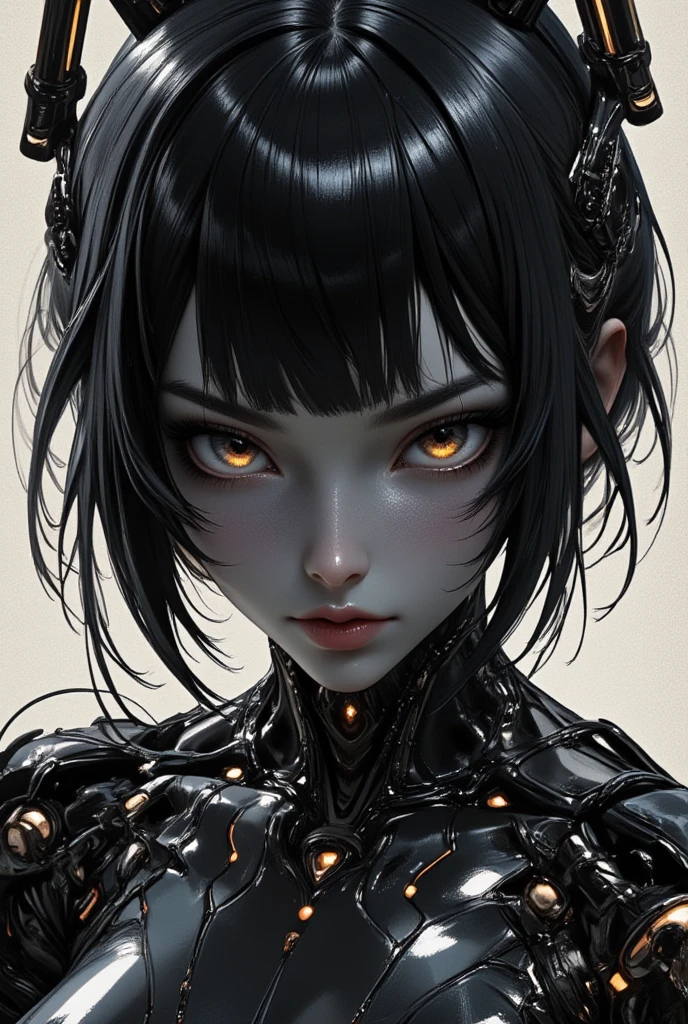 ((best quality)), ((masterpiece)), (detailed), perfect face of cyberpunk mecha japanese girl, shiny black eyes, shiny black body, shiny black hair, ((monochromatic black color palette)), surreal, art nouveau, in the illustrative style of moebius, spaceships, aliens, fantasy, sci-fi, graphic novel, line drawing, french retro, bizarre, gallery worthy, work of uncanny art,
