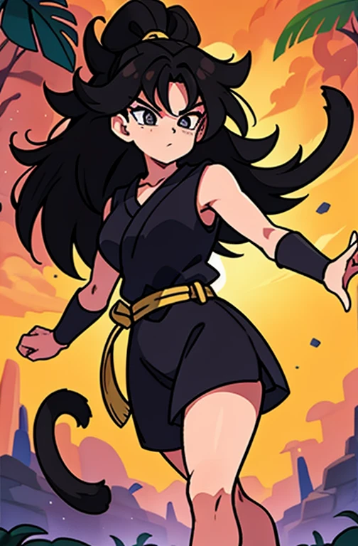 ( masterpiece ,  The best quality ,  detailed face ,  detailed eyes ),  black eyes , 1 girl, Saiyan , 1 girl,  Saiyan monkey tail ,  black hair,  Long and wild pointed hair ,  Gi without shoulders , brown belt,  Very dark brown bracelets ,  Small locks of hair on the top of the feet., barefoot, ( Side view ), Saiyan , a cartoon character with  black hair,  Saiyan monkey tail , Saiyan  with a monkey tail, tied hair,  Long and wild pointed hair ,  hair over the shoulders ,  hair down , ( Walking in a jungle like paradise), dark brown hair dark blue eyes 