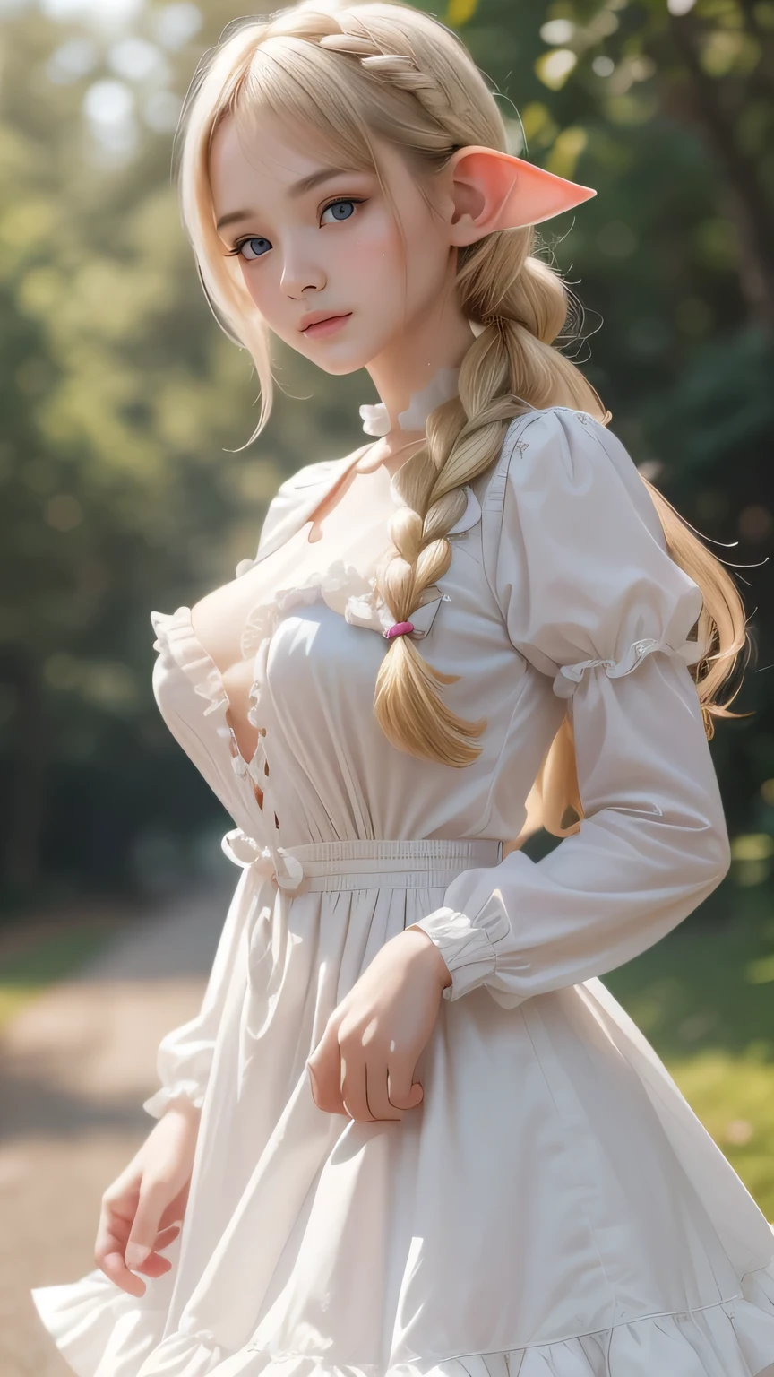 elf ears, (Pale skin:1.3), (huge breast:1.3), (ultra-detailliert), White cute princess dress,(frilly dress),(shortsleeves),Blue eyes,The upper part of the body、a closeup、faces、Lovely smile,facing front, 16yr old, teens girl,no tail,(no tail),2D, ​masterpiece, top-quality, animesque, A detailed eye, A detailed face, girl with, Only 1 person,Blonde medium hair, (a blond), Ear Hair, Single braid, (Single braid), (Side braid), Pink ribbon, Ribbon around the neck, (White sleeves), Background bokeh, standing, (cowboy shot:1.2), head to thigh,
