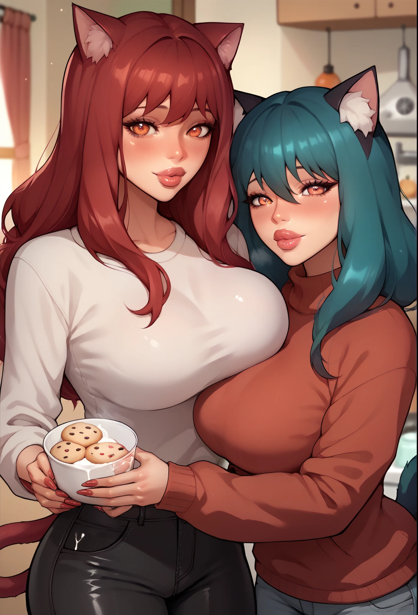 2girls , duo, lesbians, cat girls,  fluffy cat ears, one girl with blue teal hair and orange eyes, one girl with maroon red hair and pink eyes, long hair, large breasts, long eyelashes, mature, (bimbo, big plump lips) shiny skin, wispy bangs, naughty look, anime girls, festive, cozy cottage kitchen, milk and cookies, sweater, night time