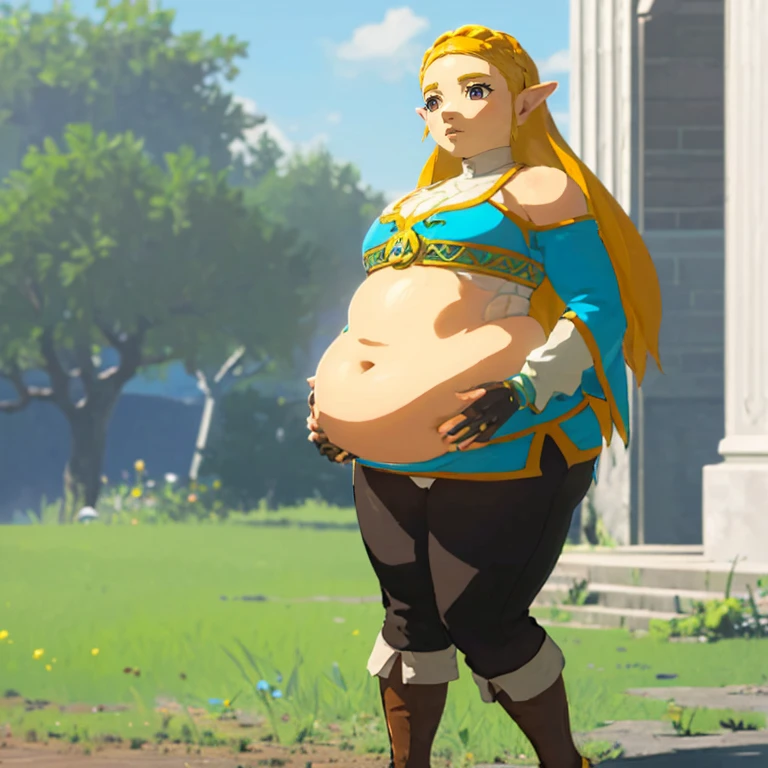 best quality, high rating, correct anatomy, uhd, high resolution, (hyper detailed), flawless, detailed, c.cu(artist), blushyspicy(artist), spellsx(artist), kipteitei(artist),(Perfect Face), 
(Zelda((Brearh_of_the_Wild))), 1girl, long hair,blonde hair, braids in hair ,earrings, elf ears, blue eyes,blue tunic over white undershirt, blue tunic with golden accents, leather gloves, black tights, leather boots, ((belly in blue tunic, covered shoulders and arms, exposed belly)),


1girl, cute face, horny, embarrassed, detailed eyes,

enormous belly, fat belly, thicc, bigger belly, really big belly, jiggly belly, giant huge belly, big enormous belly, ((((gigantic belly)))), bloated belly, fat belly, ginormous big belly, expanding big belly, ((holding her bbelly with her hands)), deep navel:1.4, navel outline, sitting on the ground, immoble, spread legs, obese belly between legs, botw style, (((covered shoulders:1.4)))