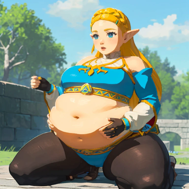 best quality, high rating, correct anatomy, uhd, high resolution, (hyper detailed), flawless, detailed, c.cu(artist), blushyspicy(artist), spellsx(artist), kipteitei(artist),(Perfect Face), 
(Zelda((Brearh_of_the_Wild))), 1girl, long hair,blonde hair, braids in hair ,earrings, elf ears, blue eyes,blue tunic over white undershirt, blue tunic with golden accents, leather gloves, black tights, leather boots, ((belly in blue tunic, covered shoulders and arms, exposed belly)),


1girl, cute face, horny, embarrassed, detailed eyes,

enormous belly, fat belly, thicc, bigger belly, really big belly, jiggly belly, giant huge belly, big enormous belly, ((((gigantic belly)))), bloated belly, fat belly, ginormous big belly, expanding big belly, ((holding her bbelly with her hands)), deep navel:1.4, navel outline, sitting on the ground, immoble, spread legs, obese belly between legs, botw style, (((covered shoulders:1.4)))