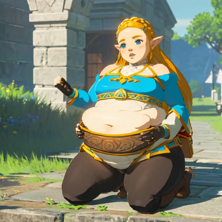 best quality, high rating, correct anatomy, uhd, high resolution, (hyper detailed), flawless, detailed, c.cu(artist), blushyspicy(artist), spellsx(artist), kipteitei(artist),(Perfect Face), 
(Zelda((Brearh_of_the_Wild))), 1girl, long hair,blonde hair, braids in hair ,earrings, elf ears, blue eyes,blue tunic over white undershirt, blue tunic with golden accents, leather gloves, black tights, leather boots, ((belly in blue tunic, covered shoulders and arms, exposed belly)),


1girl, cute face, horny, embarrassed, detailed eyes,

enormous belly, fat belly, thicc, bigger belly, really big belly, jiggly belly, giant huge belly, big enormous belly, ((((gigantic belly)))), bloated belly, fat belly, ginormous big belly, expanding big belly, ((holding her bbelly with her hands)), deep navel:1.4, navel outline, sitting on the ground, immoble, spread legs, obese belly between legs, botw style, (((covered shoulders:1.4)))