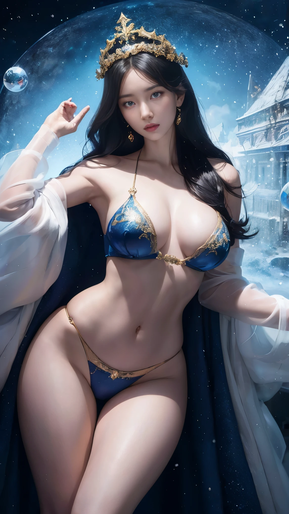 a beautiful empress full body portrait, black hair, perfect blue eyes, with a brilliant, impossible striking big Christmas headpiece, sexy skimpy clothes Santa robes, everything Christmas, snow, symmetrical, dramatic studio lighting, rococo, baroque, asian, hyperrealism, closeup, D&D, fantasy, intricate, elegant, highly detailed, digital painting, artstation, octane render, 8k, concept art, matte, sharp focus, big breasts, slender body, full body shot, slim waist, flat tummy, wide hips, thigh gap, big thigh, transparent thongs, sexy naval, transparent micro bra, see through bikini