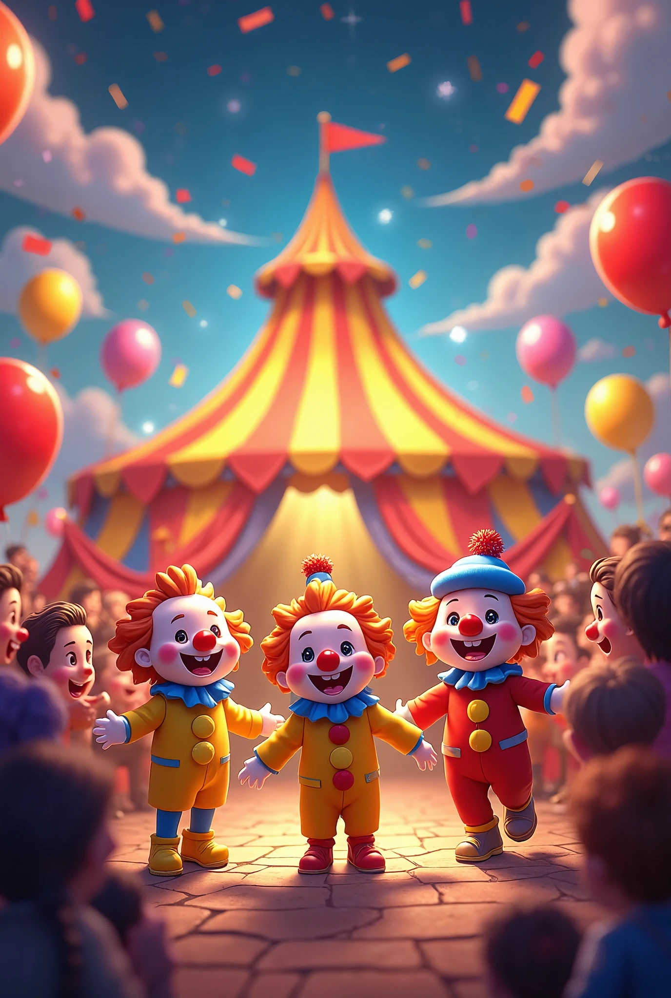 A lively circus performance featuring adorable clowns in bright, colorful costumes. The clowns are juggling, performing tricks, and making playful, exaggerated expressions, bringing joy to the audience. The big top tent is illuminated with warm, vibrant lights in shades of red, yellow, and blue. Balloons, confetti, and streamers fill the air, adding to the cheerful, playful atmosphere. The crowd is smiling and laughing, enjoying the fun and festive mood. The entire scene is filled with bright, playful colors, creating a charming and whimsical atmosphere perfect for a lighthearted circus show,