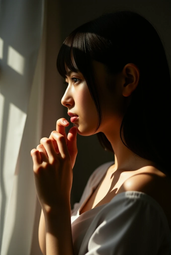 TA close-up of a woman's profile, presented in a contrast of light and shadow. The slanting light illuminates her face, creating geometric shapes of light and shadow. She touches her lips lightly with her fingers and stares forward deeply, with a sense of mystery. The overall picture is quiet, and the light highlights her expression and posture, adding to the artistic atmosphere Ultra HD 64k--S 500 Style raw