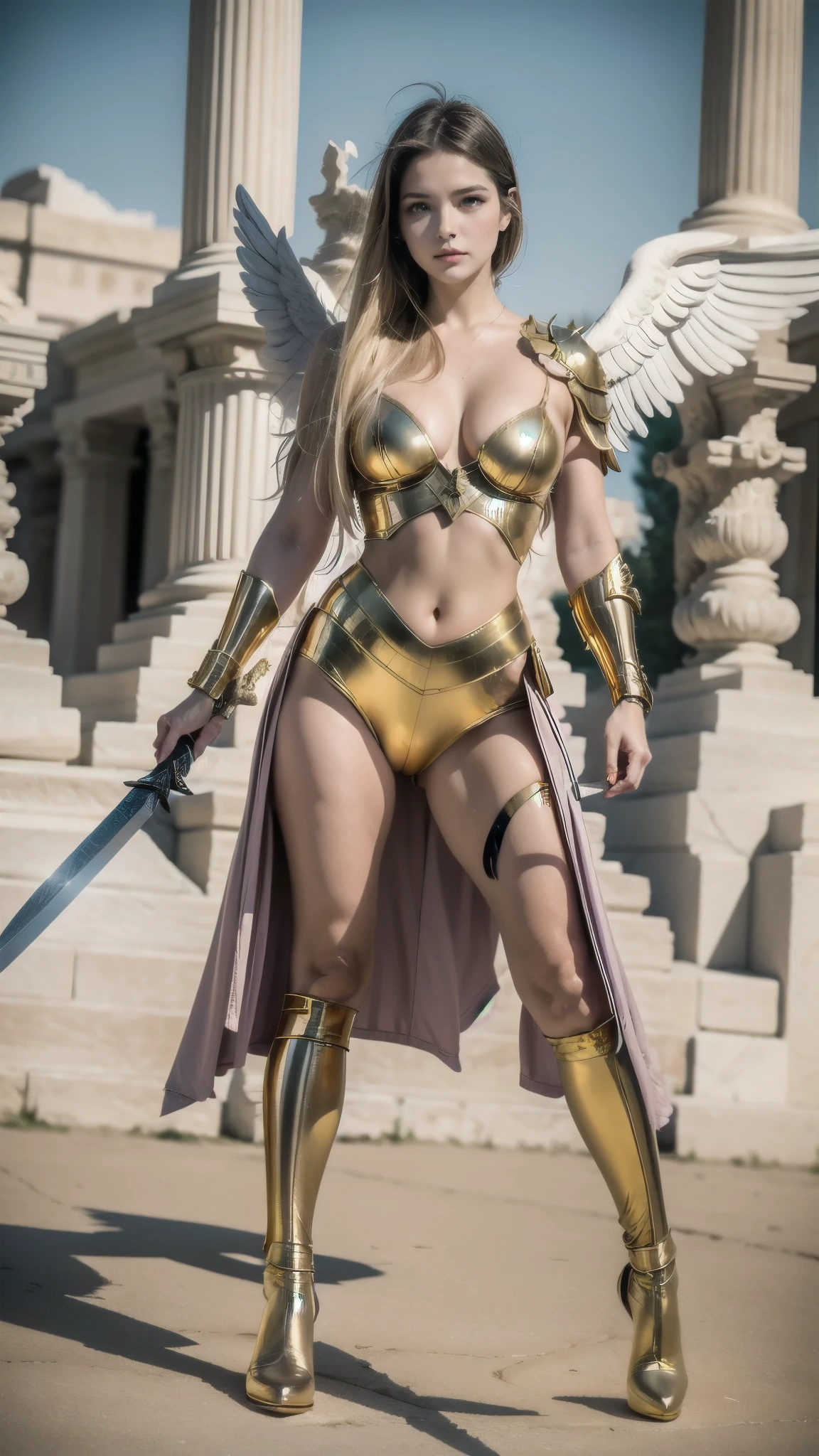  a woman in a golden outfit holding a sword and a sword,  photo of the body of the cinematic goddess , [blonde goddess, stunning photo of a giant goddess ,  extremely detailed goddess photo , Majestic full body angel, Angelic Golden Armor,  like a mystical valkyrie , Unreal Engine Rendering + a goddess, linda deusa, anime goddess, greek goddess,  photos of a cinematic goddess ,   Epic angle and pose , ,
(Chapped lips:1.4), (blush de nariz:1.2), foreshortening, black cuts, (eye contact), High contrast, ultra high resolution, high resolution, detailed, Clean face,  (sensual face:1.5), (big purple eyes:1.2), ( ultra detailed eyes :1.4), ( high resolution eyes:1.1), (ultra detailed skin texture:1.4), PERSEPHONE, Persephone, Persephone, (SFW:1.5)  