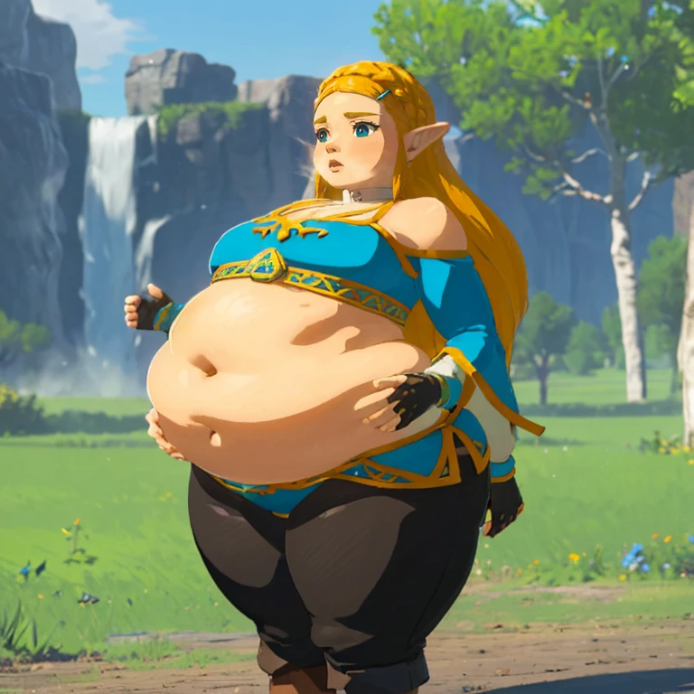 best quality, high rating, correct anatomy, uhd, high resolution, (hyper detailed), flawless, detailed, c.cu(artist), blushyspicy(artist), spellsx(artist), kipteitei(artist),(Perfect Face), 
(Zelda((Brearh_of_the_Wild))), 1girl, long hair,blonde hair, braids in hair ,earrings, elf ears, blue eyes,blue tunic over white undershirt, blue tunic with golden accents, leather gloves, black tights, leather boots, ((belly in blue tunic, covered shoulders and arms)),


1girl, cute face, horny, embarrassed, detailed eyes,

enormous belly, fat belly, thicc, bigger belly, really big belly, jiggly belly, giant huge belly, big enormous belly, ((((gigantic belly)))), bloated belly, fat belly, ginormous big belly, expanding big belly, ((holding her big belly with her hands)), deep navel:1.4, navel outline, sitting flat on the ground, immoble, spread and outstretched legs, obese belly between legs, botw style, (((covered shoulders:1.4)))