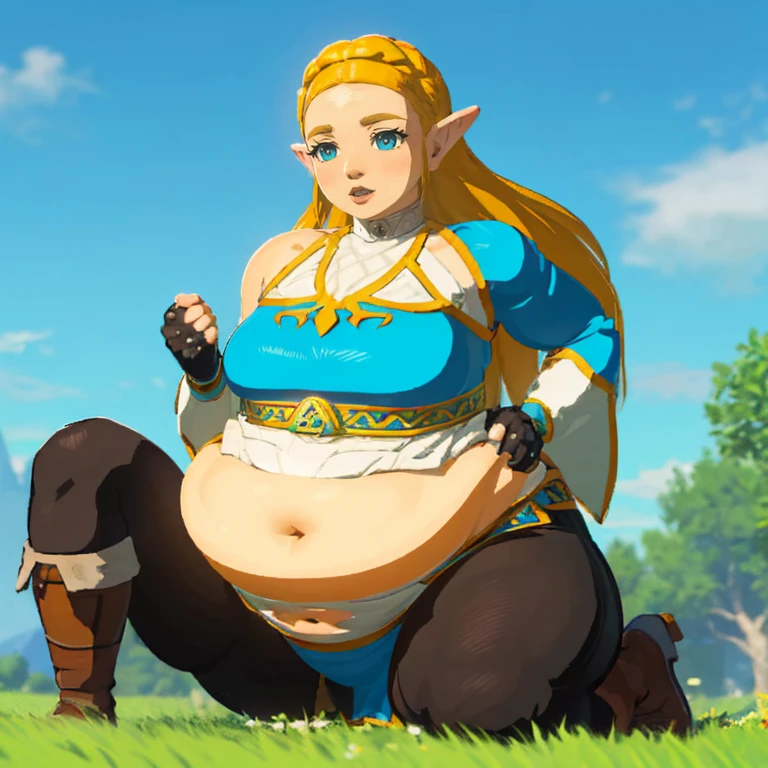 best quality, high rating, correct anatomy, uhd, high resolution, (hyper detailed), flawless, detailed, c.cu(artist), blushyspicy(artist), spellsx(artist), kipteitei(artist),(Perfect Face), 
(Zelda((Brearh_of_the_Wild))), 1girl, long hair,blonde hair, braids in hair ,earrings, elf ears, blue eyes,blue tunic over white undershirt, blue tunic with golden accents, leather gloves, black tights, leather boots, ((belly in blue tunic, covered shoulders and arms)),


((1girl)), cute face, horny, embarrassed, detailed eyes,

enormous belly, fat belly, thicc, bigger belly, really big belly, jiggly belly, giant huge belly, big enormous belly, ((((gigantic belly)))), bloated belly, fat belly, ginormous big belly, expanding big belly, ((holding her big belly with her hands)), deep navel:1.4, navel outline, sitting flat on the ground, immoble, spread and outstretched legs, obese belly between legs, botw style, (((covered shoulders:1.4)))