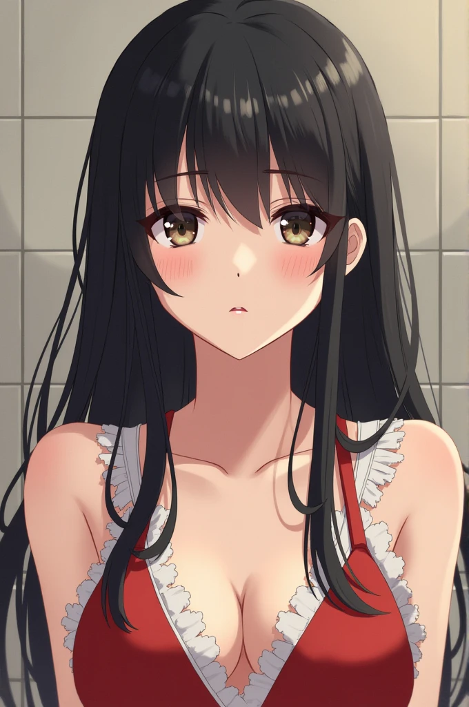 (High resolution:1.4), (masutepiece:1.2), (High quality:1.3) 1girl, saten ruiko, green eyes, long hair, black hair, small breast, blush, dangerousbeast, wolf tail, (blush, shy:1.2), cinematic lighting,