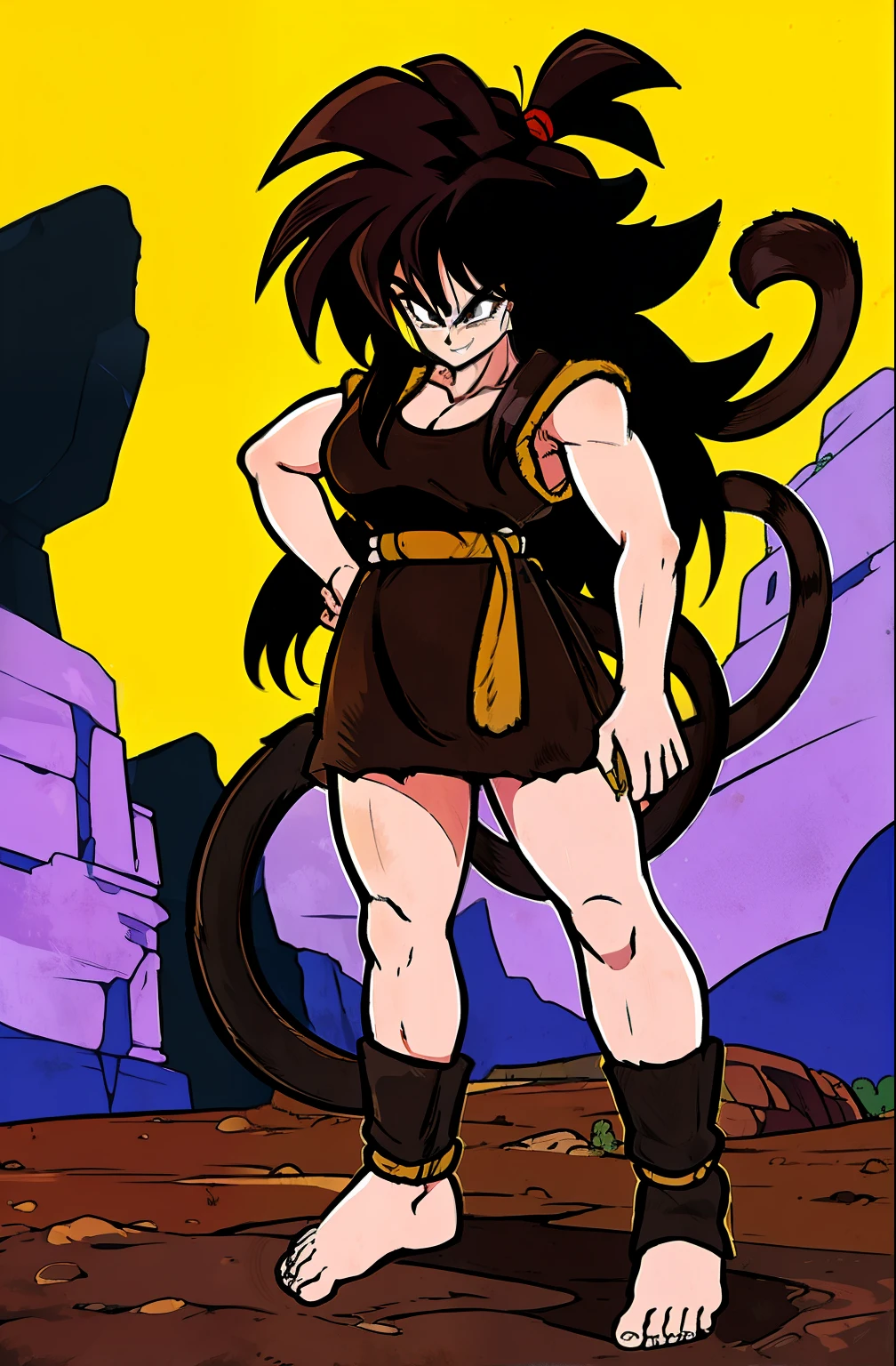 ( masterpiece , The best quality , detailed face , detailed eyes ), black eyes , 1 girl, Saiyan , 1 girl, Saiyan monkey tail , black hair, Long and wild pointed hair , Gi without shoulders , brown belt, Short stockings in very dark brown color , Very dark brown bracelets , Small locks of hair on the top of the feet., barefoot, ( Side view ), Saiyan , a cartoon character with black hair, lashing Saiyan monkey tail , Saiyan with a monkey tail, tied hair, Long and wild pointed hair , hair over the shoulders , hair down , evil face, On a stone, in the desert, high, evil face