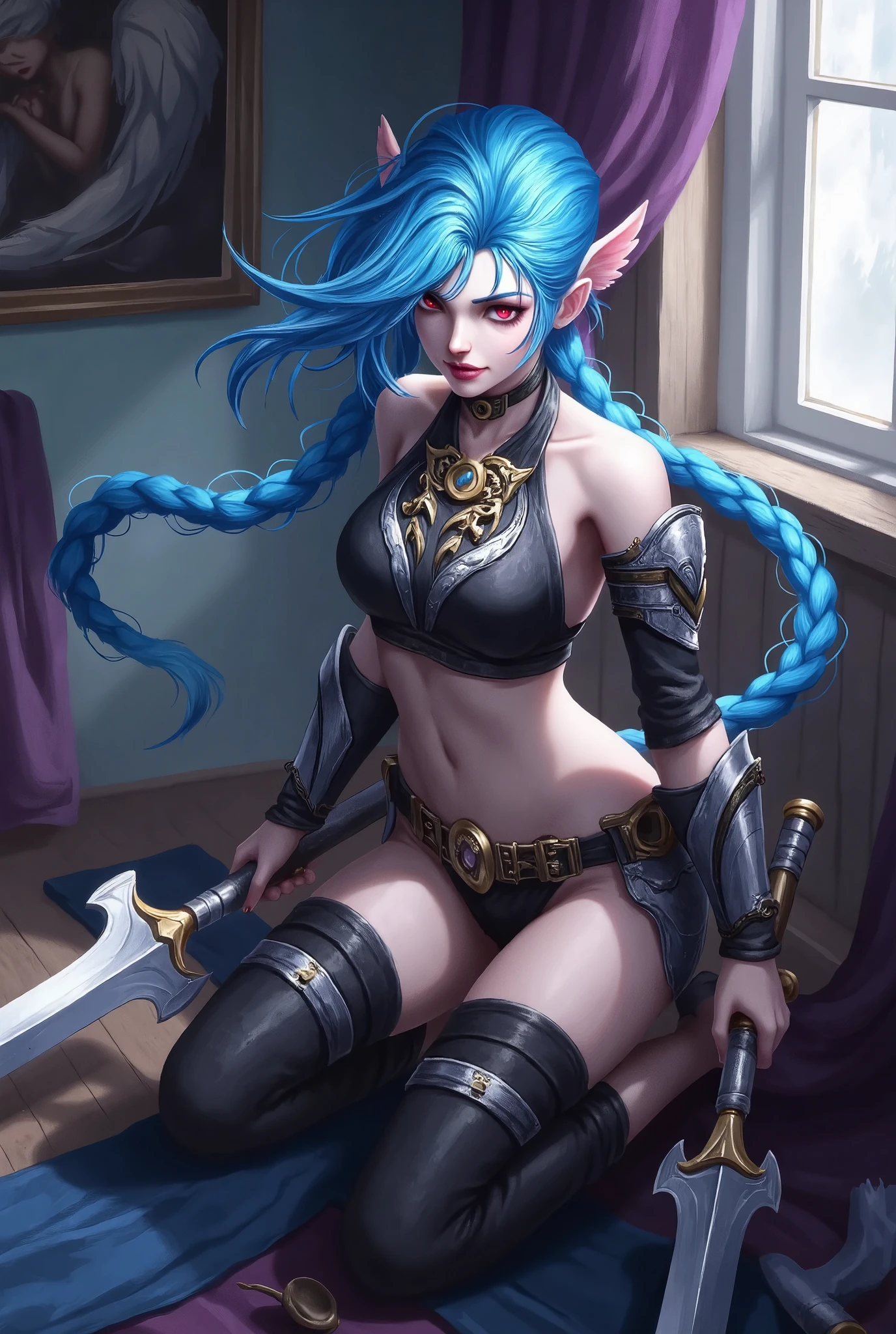 (masterpiece,  best quality:1.2), Jinx，Valkyrie，  1 girl at home, solitary
