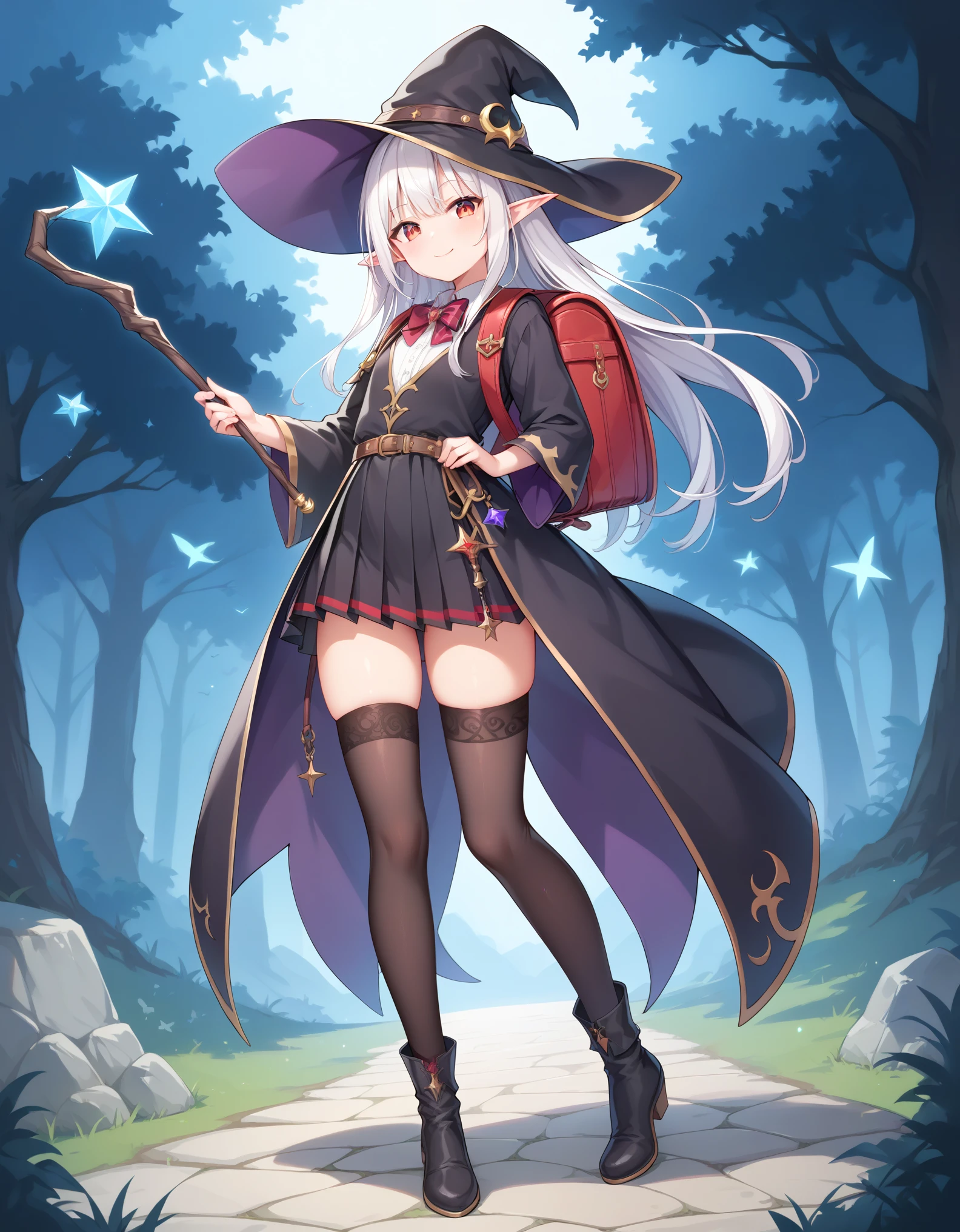 Masterpiece, hd, 2d, top-quality, full body, witch's hat, Belt to hat, white hair, long hair, Smooth straight hair,elf, pointed ears , smile, red eyes, a closed mouth, wearing white collared shirt, bowtie, brown pleated skirt, witch's robe, Witch's Wand, outdoor, Petite, , wearing Witch's Boots, wearing randoseru backpack, red backpack, wearing thighhighs, fullbody