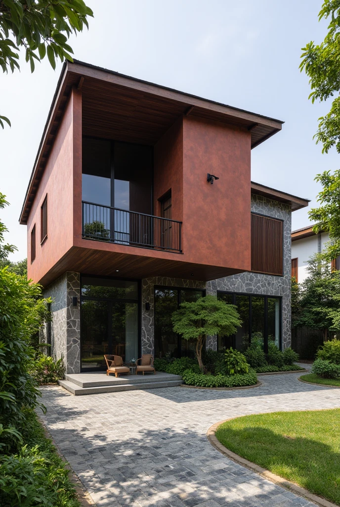 A modern two-story house with an exterior of red-brown concrete and dark wood, featuring large windows on the first floor for natural light, surrounded by lush greenery in VietNam