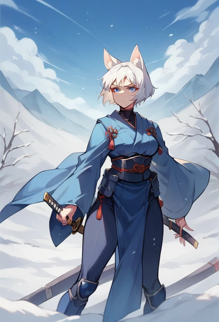 Woman, short hair, fox ears, white hair, blue eyes, Blue samurai armor, katana at the waist ,In the snow,Curvy body 