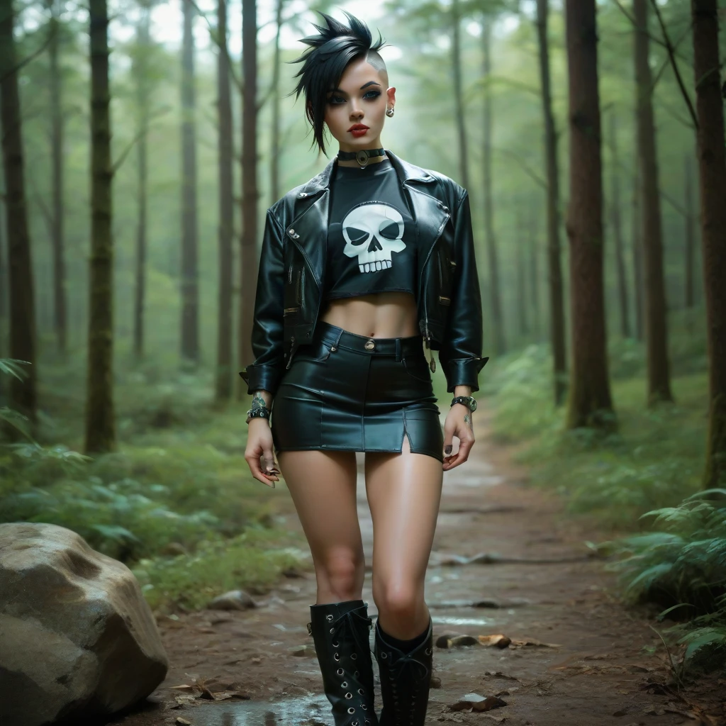 a beautiful goth punk girl in black with short skirt and long boots and old tshirt with a dark night forest in the background, white skin, blue eues, black hair, mohican hair, beautiful eyelashes, young face, erotic neckline, big tits, big boobs, big breasts, small height, militar boots, punk jacket, rock bracelet, black choker, skull stamp, high quality, perfect eyes, perfect hair, perfect hands, perfect fingers, extreme details, flat body, gold proportions, realistic image, professional photography style, best quality, high definition, high resolution, high contrast, high saturation, bright, perfect proportions, perfect asymmetry, extremely detailed, masterpiece