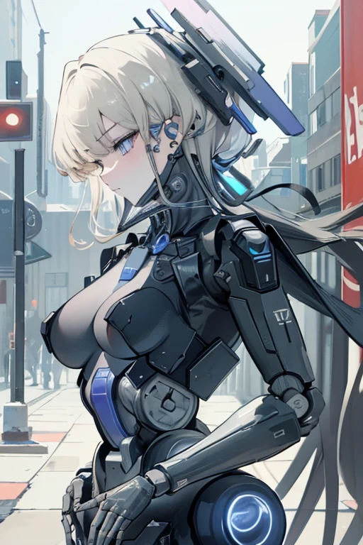 (masterpiece),(Highest quality),(Super detailed),(Best illustrations),(Best Shadow),(Absurd),(Detailed Background),(so beautiful), 16K, 8K, 4K,(Best Shadow),robotization,woman ,big bust,Robot Joint ,Metal skin,Black robot Suit,long hair,a black robot suit that covers the whole body,robot hand,cyber bodysuit,mecha head,(Detailed hands and fingers:1.2),Ball joint robot body,doll joint,beautiful face,beautiful robot girl,robotic eye,robotic hands,(no more human skin),android girl,cyborg girl,F cup, sexy body,(machine made joints:1.2),(machanical limbs:1.1),(blood vessels connected to tubes),(mechanical vertebra attaching to back),(mechanical cervial attaching to neck),no messy picture style,no emotion