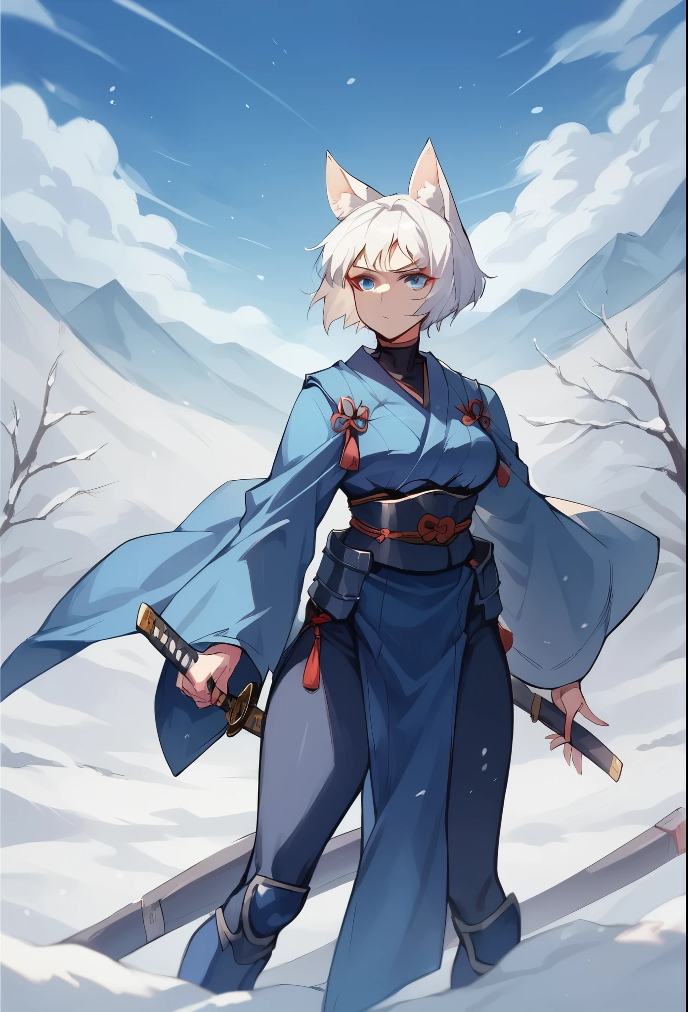 Woman, short hair, fox ears, white hair, blue eyes, Blue samurai armor, katana at the waist ,In the snow,Curvy body 