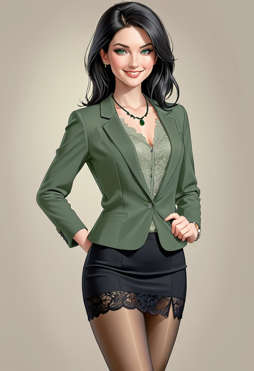 (full body:1.4).(realistic illustration:1.4), beautiful woman of Irish descent. tall, sexy figure, small perky breasts,(pale:1.3)complexion. black hair, green eyes, nice legs.sexy smile, confident, kind eyes, mascara, necklace, gray blazer, lace top, black pencil skirt, tan pantyhose, stylish high heels. necklace.