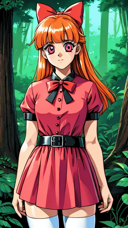 (1girl, Alone, Blossom), (extremely detailed CG unit 8k wallpaper),(master part), (best quality), (ultra detail), (best illustration),(retro artstyle), cowboy shot, (Sharp eyeliner, ombre, detailed eyes:1), forest, outdoors background, ,break, upper body, long  orange hair, blunt bangs, pink eyes, hair bow, red bow, simple pink dress, simple black belt, white thighhighs