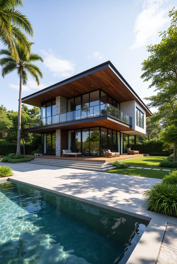 
(masterpiece), (realistic), 8K, photo of Modern luxury home with a two-story design, large glass windows, and surrounded by palm trees and lush greenery. The house features a large swimming pool in front, with manicured lawns and stone walkways, all bathed in bright daylight.