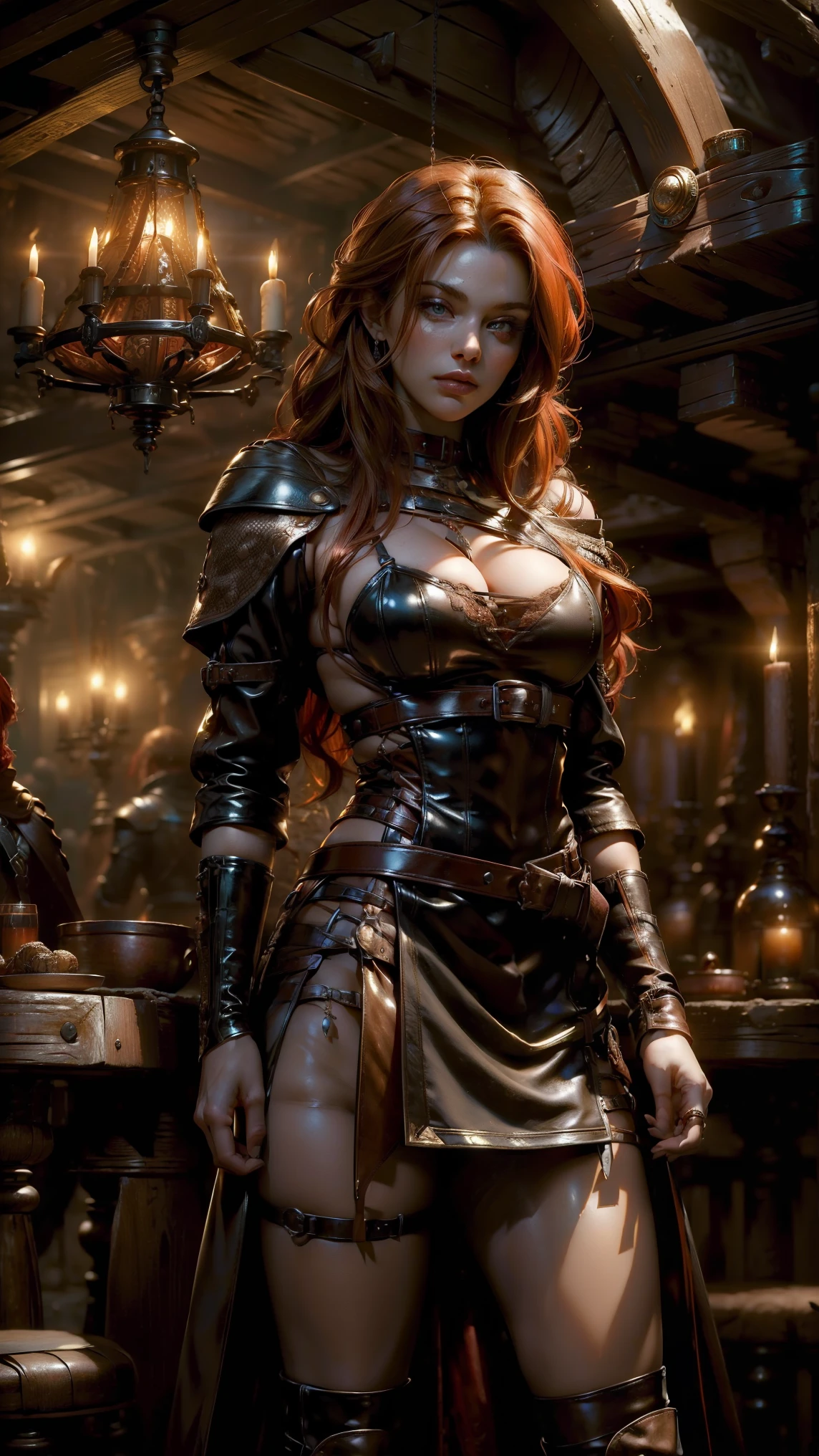 (Masterpiece, highest quality, Best Quality, Beautiful and aesthetic:1.5), full body, seductive red-headed female assassin, wearing a low-riding leather skirt and revealing top, belts and straps, daggers sheathed at her sides, standing confidently in a warmly lit tavern, dark wood interior, warm golden candlelight, intense expression, soft shadows, moonlight streaming in, vibrant colors, ultra-detailed.