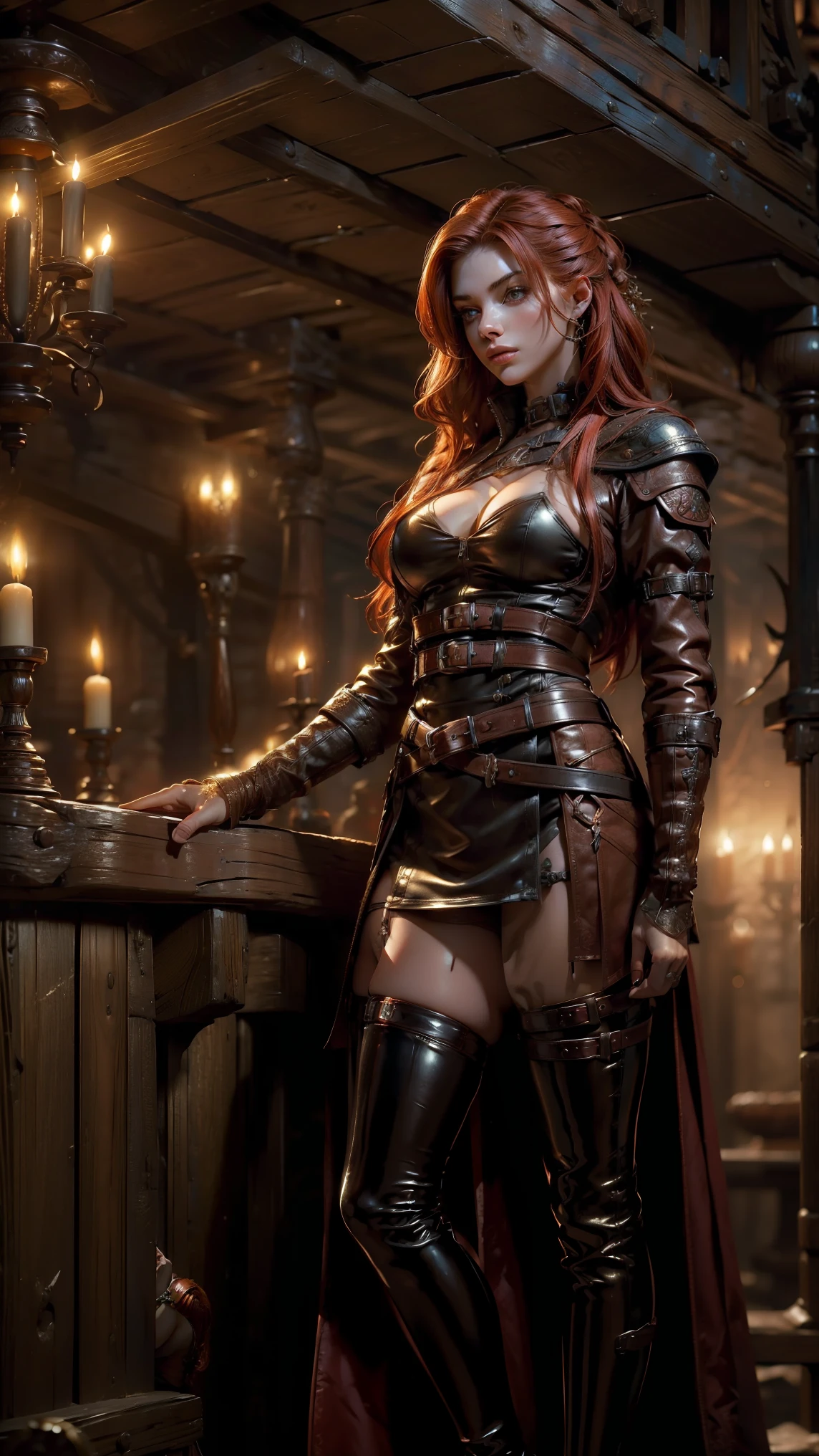 (Masterpiece, highest quality, Best Quality, Beautiful and aesthetic:1.5), full body, seductive red-headed female assassin, wearing a low-riding leather skirt and revealing top, belts and straps, daggers sheathed at her sides, standing confidently in a warmly lit tavern, dark wood interior, warm golden candlelight, intense expression, soft shadows, moonlight streaming in, vibrant colors, ultra-detailed.