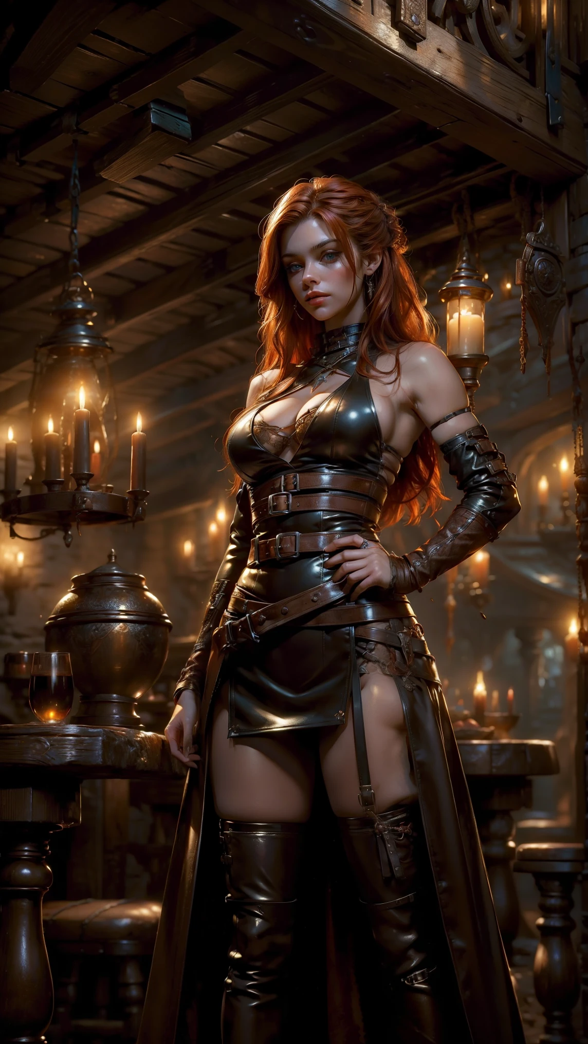 (Masterpiece, highest quality, Best Quality, Beautiful and aesthetic:1.5), full body, seductive red-headed female assassin, wearing a low-riding leather skirt and revealing top, belts and straps, daggers sheathed at her sides, standing confidently in a warmly lit tavern, dark wood interior, warm golden candlelight, intense expression, soft shadows, moonlight streaming in, vibrant colors, ultra-detailed.