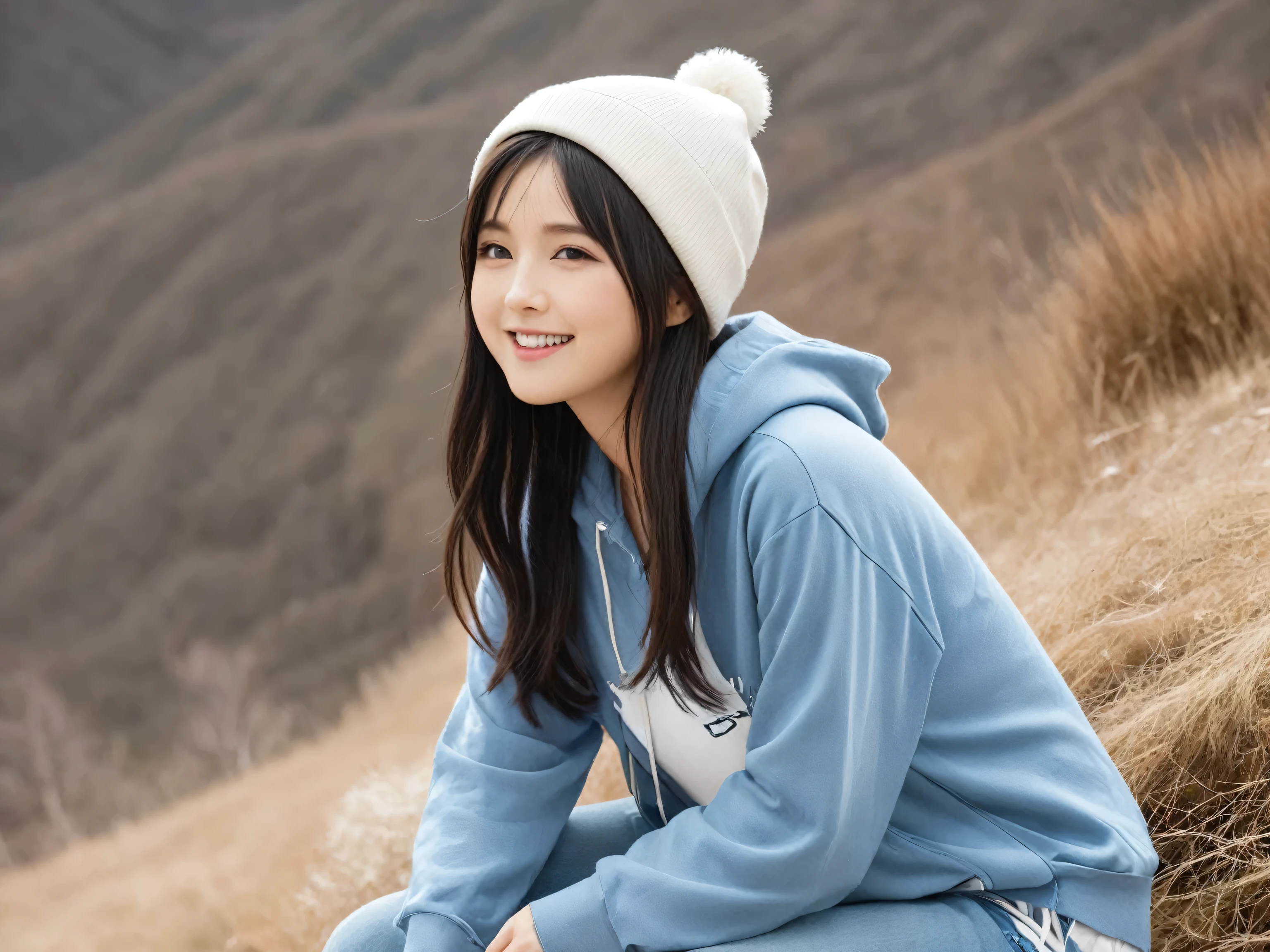 (masterpiece, best quality:1.4), (RAW Photo, 8k, photo realistic:1.3), anatomically correct, detailed skin, detailed face, detailed eyes, detailed fingers, perfection style, BREAK beautiful Japanese girl, 20 yo, (black hair, long hair), fair skin, large breasts, no makeup, smile, (long sleave zip hoodie:1.2), (denim pants), (Knitted hat), (trekking boots), (Carrying a backpack), BREAK autumn, outdoor, in the mountain, sitting on a rock, full body shot, side angle