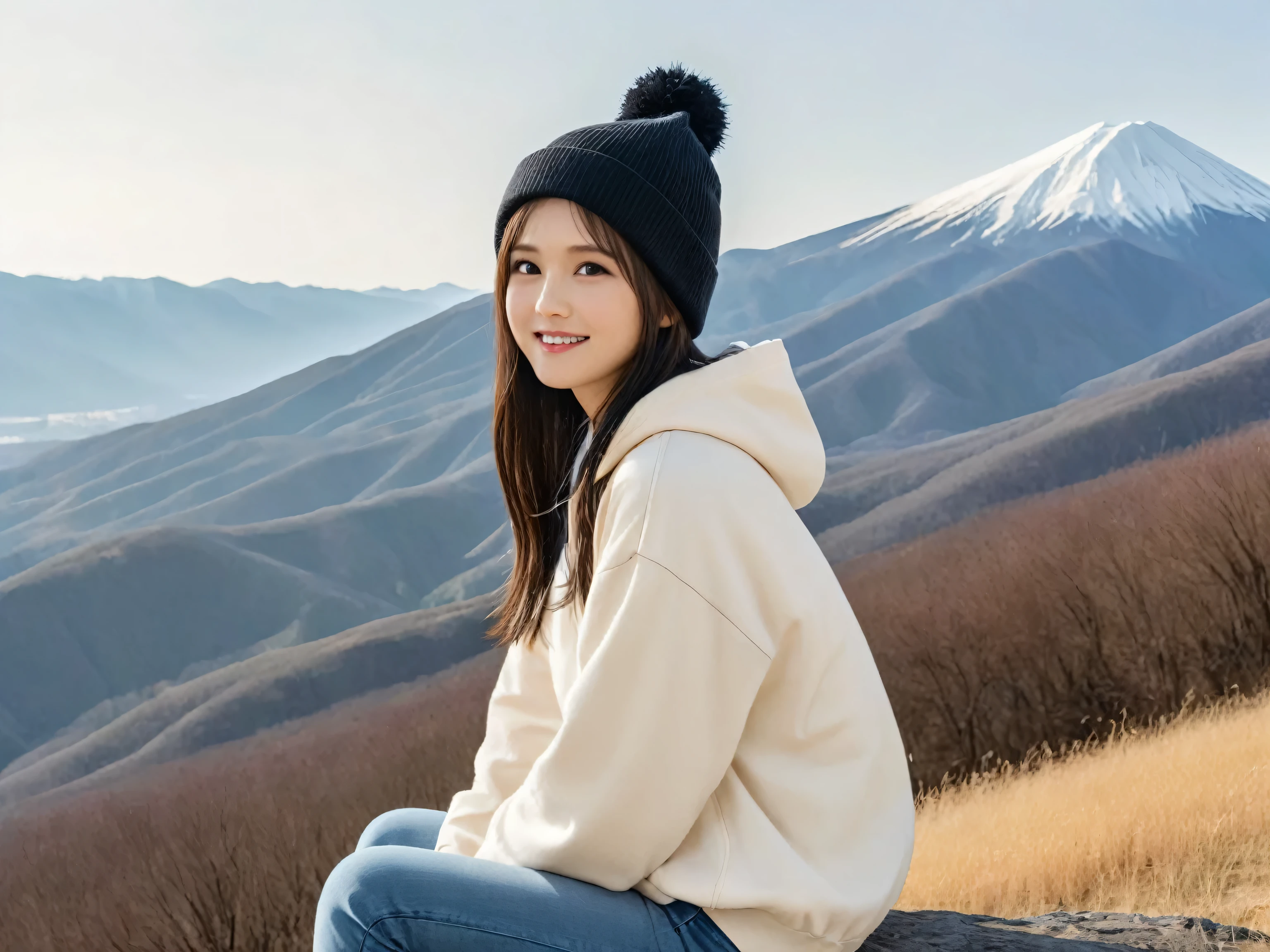 (masterpiece, best quality:1.4), (RAW Photo, 8k, photo realistic:1.3), anatomically correct, detailed skin, detailed face, detailed eyes, detailed fingers, perfection style, BREAK beautiful Japanese girl, 20 yo, (black hair, long hair), fair skin, large breasts, no makeup, smile, (long sleave zip hoodie:1.2), (denim pants), (Knitted hat), (trekking boots), (Carrying a backpack), BREAK autumn, outdoor, in the mountain, sitting on a rock, full body shot, side angle