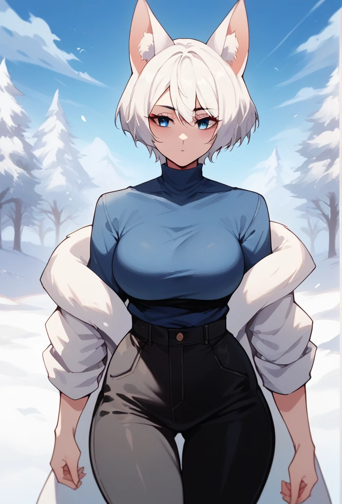 Woman, short hair, fox ears, white hair, blue eyes,Black long sleeve, blue blouse rolled up at the waist, black pants, ,In the snow,Curvy body 