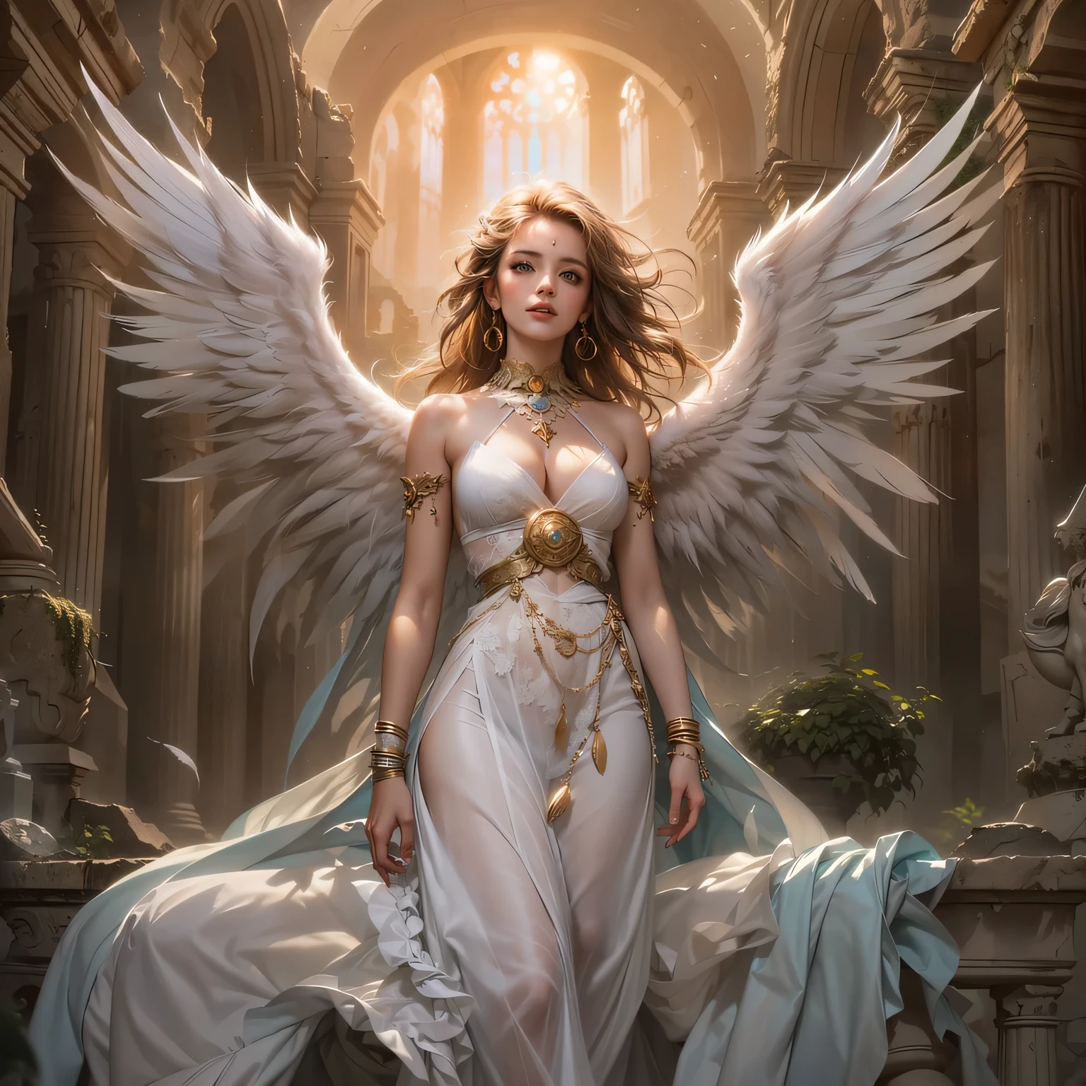 In the city of heaven, a magical place with marble columns, flowers and lake a gorgeous woman angel, beautiful face, banished to the earth, ((Full body, HIGHLY detailed face, golden blond hair, transparent ethereal drees, showing all her attributes)) magnificent winds hyperrealism| HDR, SMOOTH, SHARP FOCUS, IN THE STYLE OF EMITTING DIODES, BY PASCAL BLANCHE RUTKOWSKI, REPIN ARTSTATION, HYPERREALISM,, PAINTING, CONCEPT ARTOF DETAILED CHARACTER, DESIGN MATTE PAINTING, 4K RESOLUTION BLADERUNNER, highly detailed| intricate detailed| volumetric lighting| , perfect composition, beautiful detailed intricate insanely detailed octane render trending on artstation, 8 k artistic photography, photorealistic concept art, soft natural volumetric cinematic perfect light, chiaroscuro, award - winning photograph, masterpiece, oil on canvas, raphael, caravaggio, greg rutkowski,PROFESSIONAL PHOTOGRAPHY, FULL IMAGE, full lengtH, PHOTO-REALISTIC,