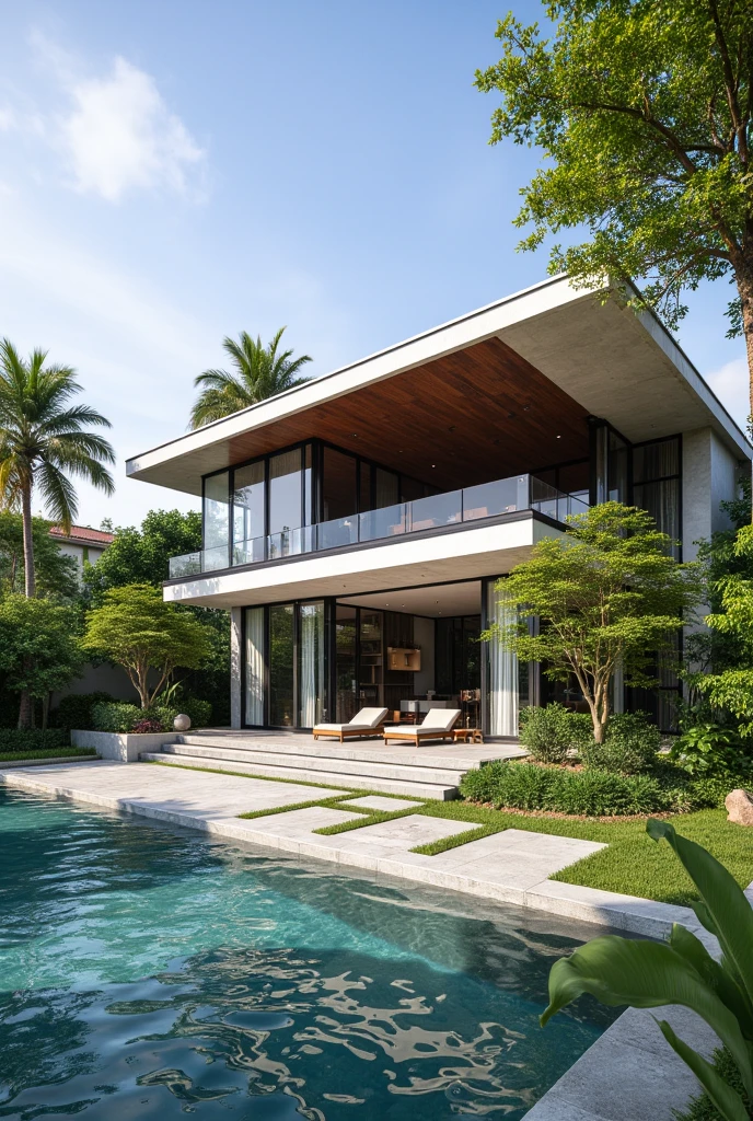 (masterpiece), (realistic), 8K, photo of Modern luxury home with a two-story design, large glass windows, and surrounded by palm trees and lush greenery. The house features a large swimming pool in front, with manicured lawns and stone walkways, all bathed in bright daylight.