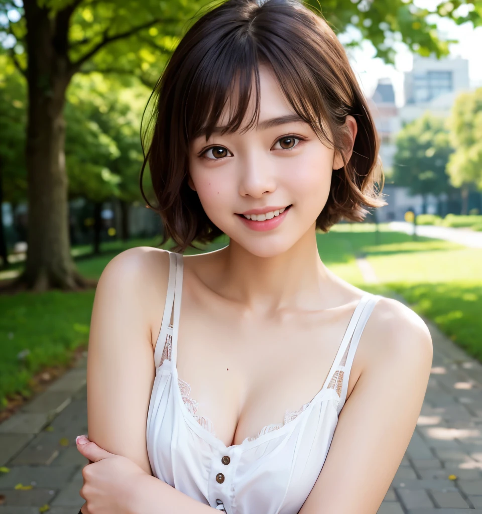  best quality 、8k、masterpiece、 super high definition、Clear Photo、Realistic、 Details、Professional Lighting、( very cute girl 、 beautiful girls 、Cute Yoda Yuki、  World Cutest )、Small Face、Smile、Very short hair:1.6、Brown Hair、(She&#39;s wearing a wet white tank top、 Drenched :1.8)、Beautiful Hair、Ultra slim、Delicate body、 beautiful eyes、(Small breasts、 flat chest)、( Big Erect Nipples )、 Thin Waist、(Full body images:1.8)、((Apartment hallway:1.2)、stand)