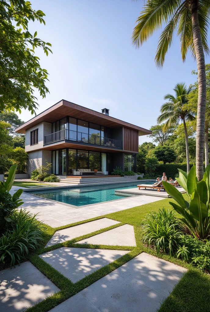 (masterpiece), (realistic0, photo of Modern luxury home with a two-story design, large glass windows, and surrounded by palm trees and lush greenery. The house features a large swimming pool in front, with manicured lawns and stone walkways, all bathed in bright daylight.