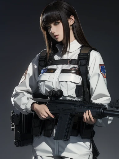  best quality 、 amazing details、 super high definition、（realism：1.4）、（（close：0.75））、One woman is very condensed、 beautiful and delicate face、  perfect proportions 、 Narrow Down the Target Group 、Large Breasts）、Brown Hair、（White Technology Suit）、（Cyborg Vs...  police uniform 、、、Black and grey mech、Military Harness、RPG-7 (English)、  hitchtech flamethrower tank transport）、 background is a simple grey wall 、