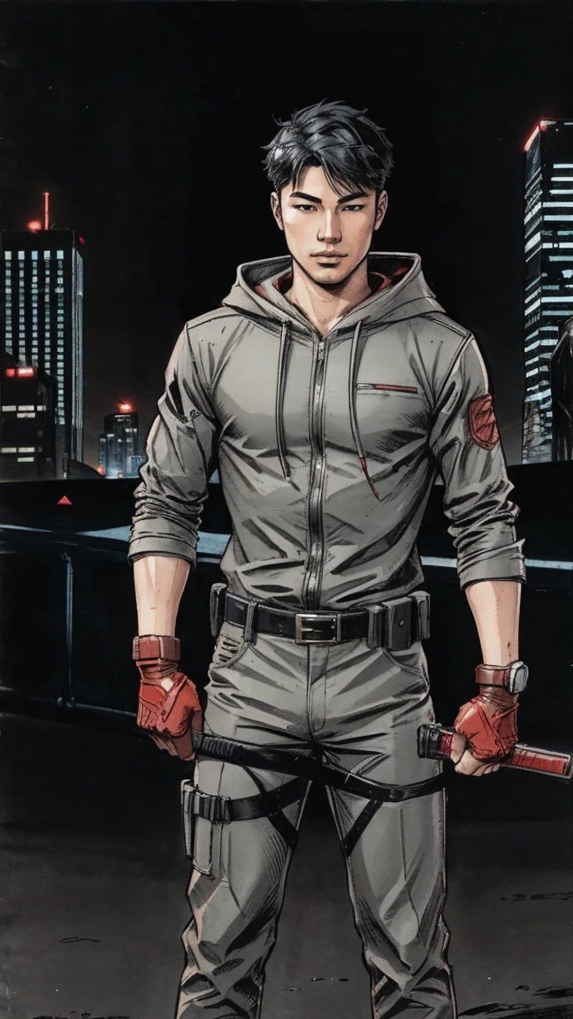 Masculine Youth 20 years old Asian Men Rouge, Wearing Sexy Costume Grey Color, wearing hood, showing his body, showing his men clevage, holding weapon gun, standing behind Night City, full body portrait from head to toe, showing full body portrait from head to toe, detailed comic artstyle.