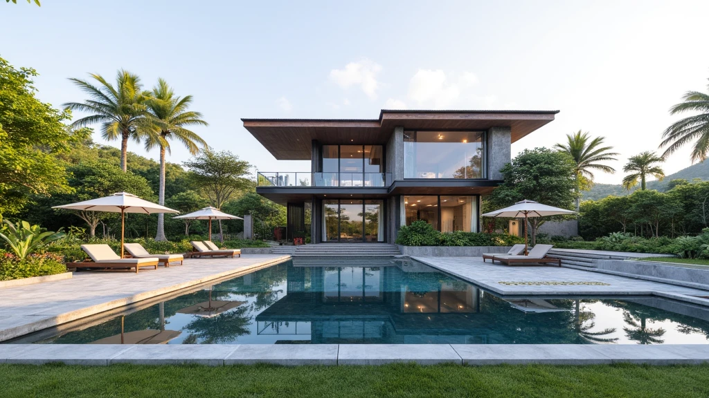 (masterpiece), (realistic), 8K, photo of Modern luxury home with a two-story design, large glass windows, and surrounded by palm trees and lush greenery. The house features a large swimming pool in front, with manicured lawns and stone walkways, all bathed in bright daylight.