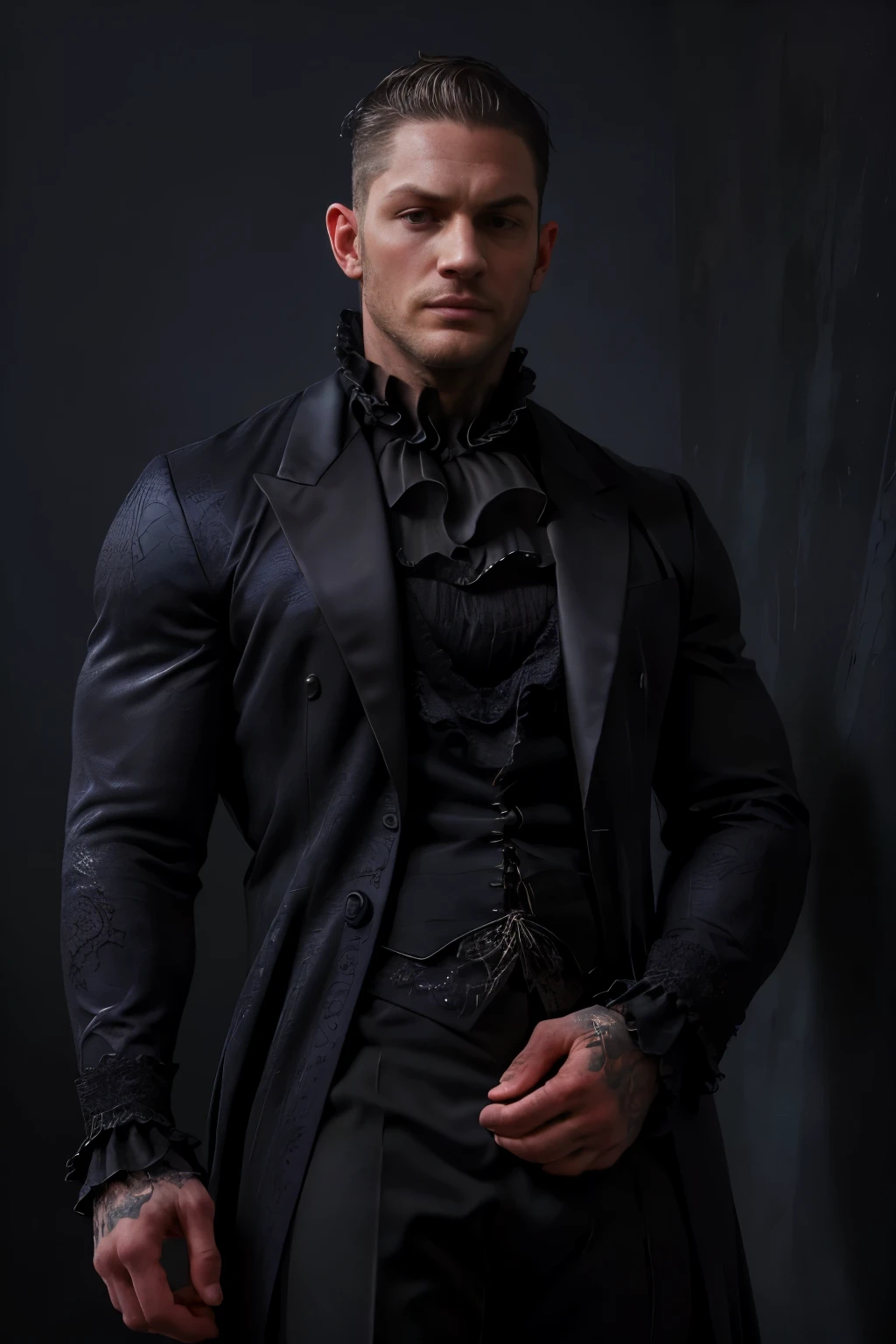 (( masterpiece)), (( the best quality:1.2)),  High resolution, 8K, (ultra_realistic:1.3), (photorealistic:1.4), (Instagram Template, elegant:1.2), Portrait of Tom Hardy wearing a ((sensual Gothic outfit)),  with lace details that highlight his sophisticated and modern style . The costume has a diabolical touch ,  with dark colors and intricate designs ,  Combining classic elegance with a bold contemporary aesthetic