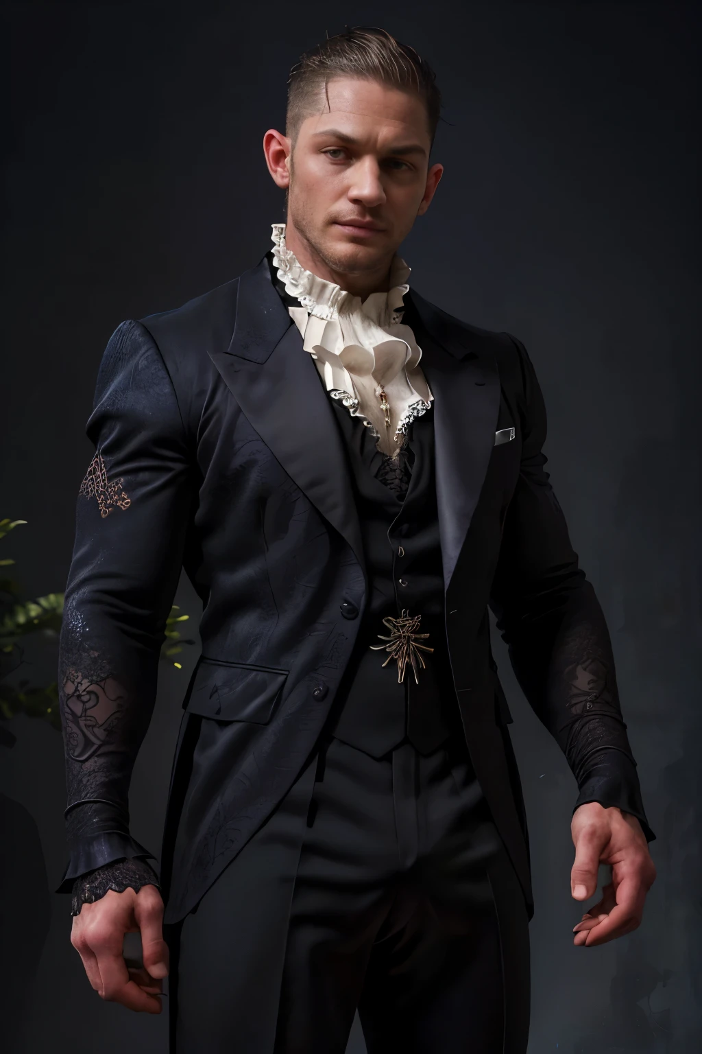 (( masterpiece)), (( the best quality:1.2)),  High resolution, 8K, (ultra_realistic:1.3), (photorealistic:1.4), (Instagram Template, elegant:1.2), Portrait of Tom Hardy wearing a ((sensual Gothic outfit)),  with lace details that highlight his sophisticated and modern style . The costume has a diabolical touch ,  with dark colors and intricate designs ,  Combining classic elegance with a bold contemporary aesthetic