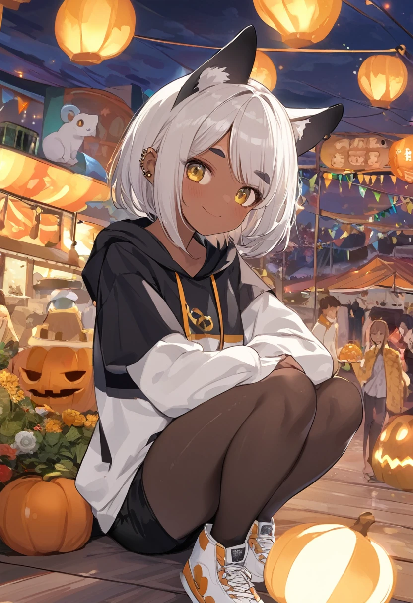 Dining scene,Halloween,Festivals, alien world,1girl,Alone, adult woman, Kampala, Brown skin,Silver Hair, boyish woman with short hair like a man,Mr.々A pose,Short Bob, long bangs ,,smile,Golden Eyes,Ear piercing, Hooded Hoodie , black shorts ,Black tights,White cat ears, yellow and white sneakers,Thick and short eyebrows,Tree Eyes,