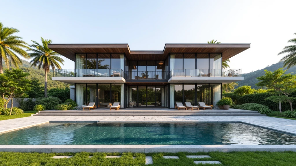 (masterpiece), (realistic), 8K, photo of Modern luxury home with a two-story design, large glass windows, and surrounded by palm trees and lush greenery. The house features a large swimming pool in front, with manicured lawns and stone walkways, all bathed in bright daylight.