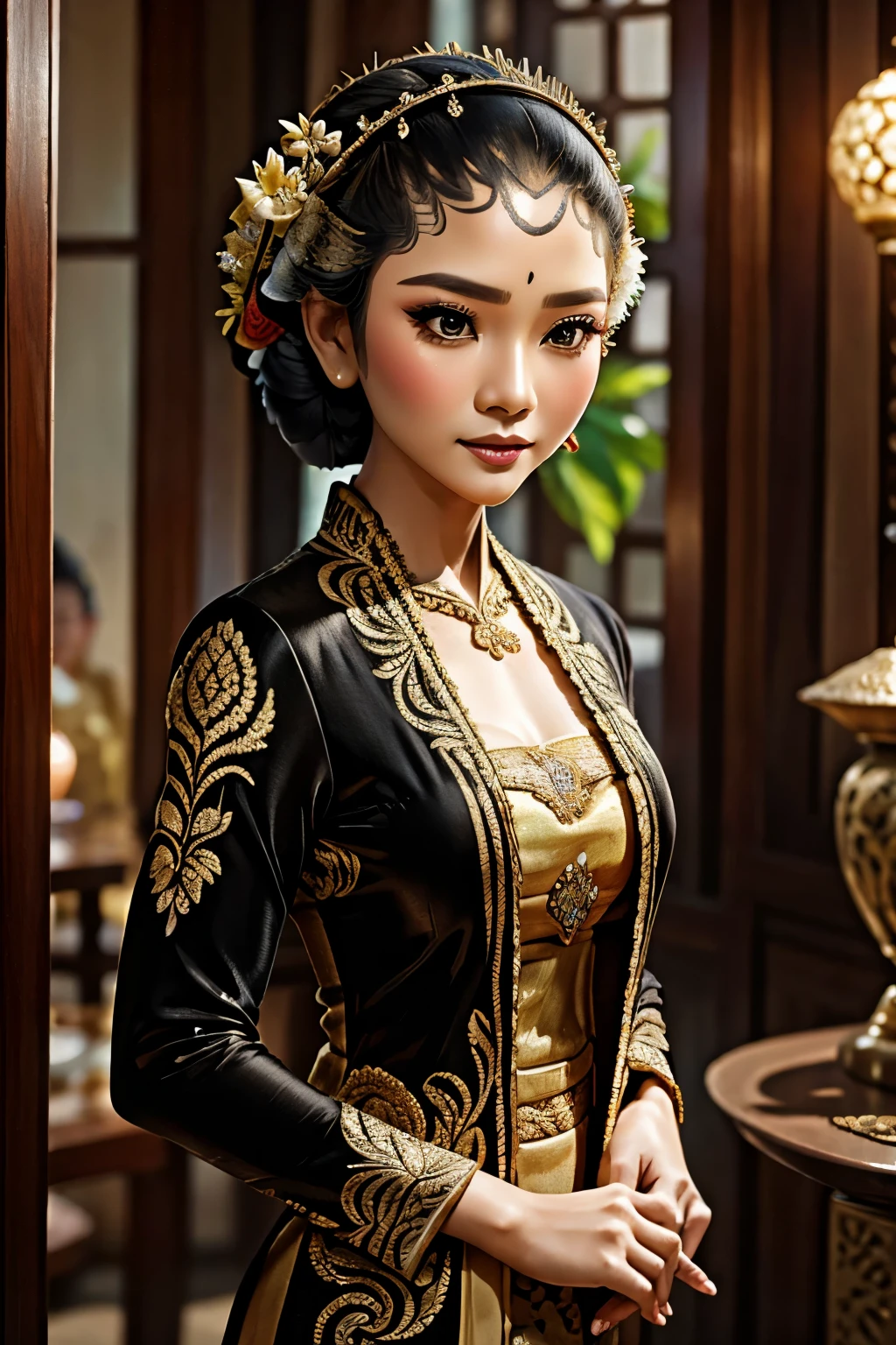   Intricate Detailed Portrait of an Elegant Javanese Woman, traditional embroidered brokade kebaya dress and hairdo, Collage with Borobudur temple and photographic power, 