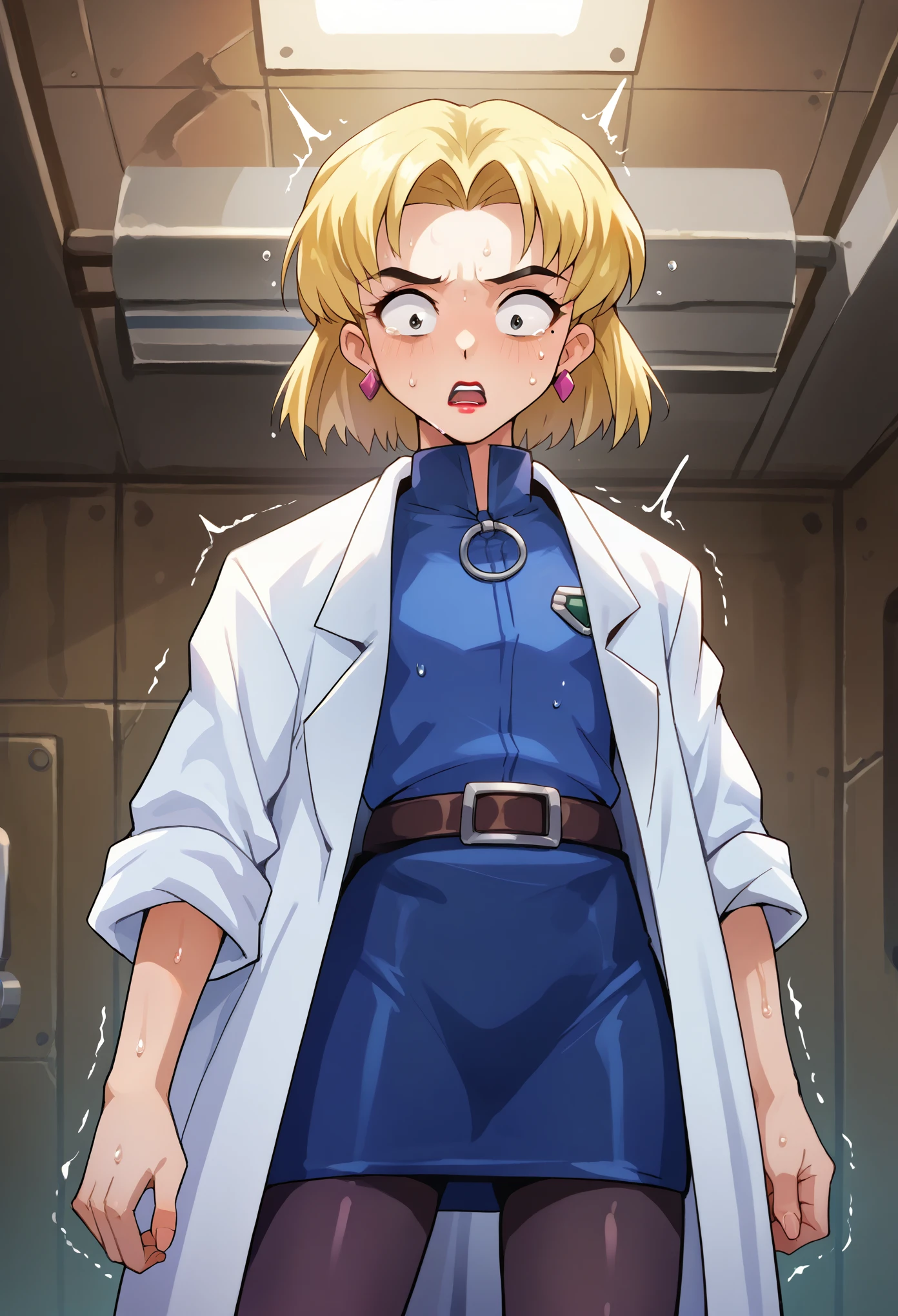 score_9, score_8_up, score_7_up, 1girl, solo, **** ,flat chest, Ritsuko, 1girl, solo, blonde hair, mole under eye, labcoat, earrings, jewelry, short hair, belt, lipstick, makeup darkblue skirt, black pantyhoses, belt, sweating, shaking, shocked, scared, looking down, surprised, indoor, lab background, AgeRegression, Oversized Clothes
